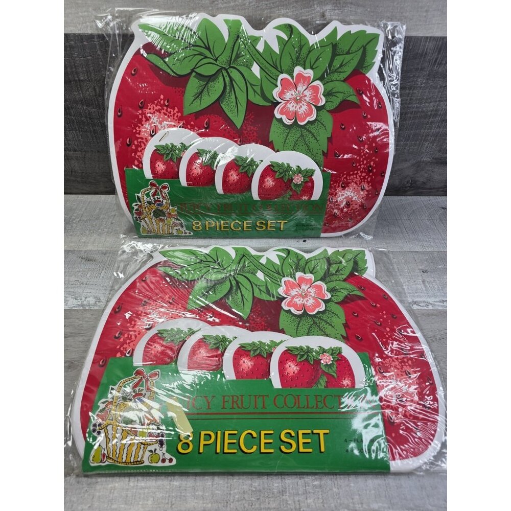 Vintage Vinyl Strawberry Placemats and Matching Coasters 2 Sets NEW b199